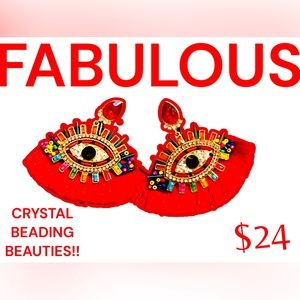 STUNNING AND BEAUTIFUL COLORFUL EVIL EYE PROTECTION SYMBOL EARRINGS RED FRINGE!